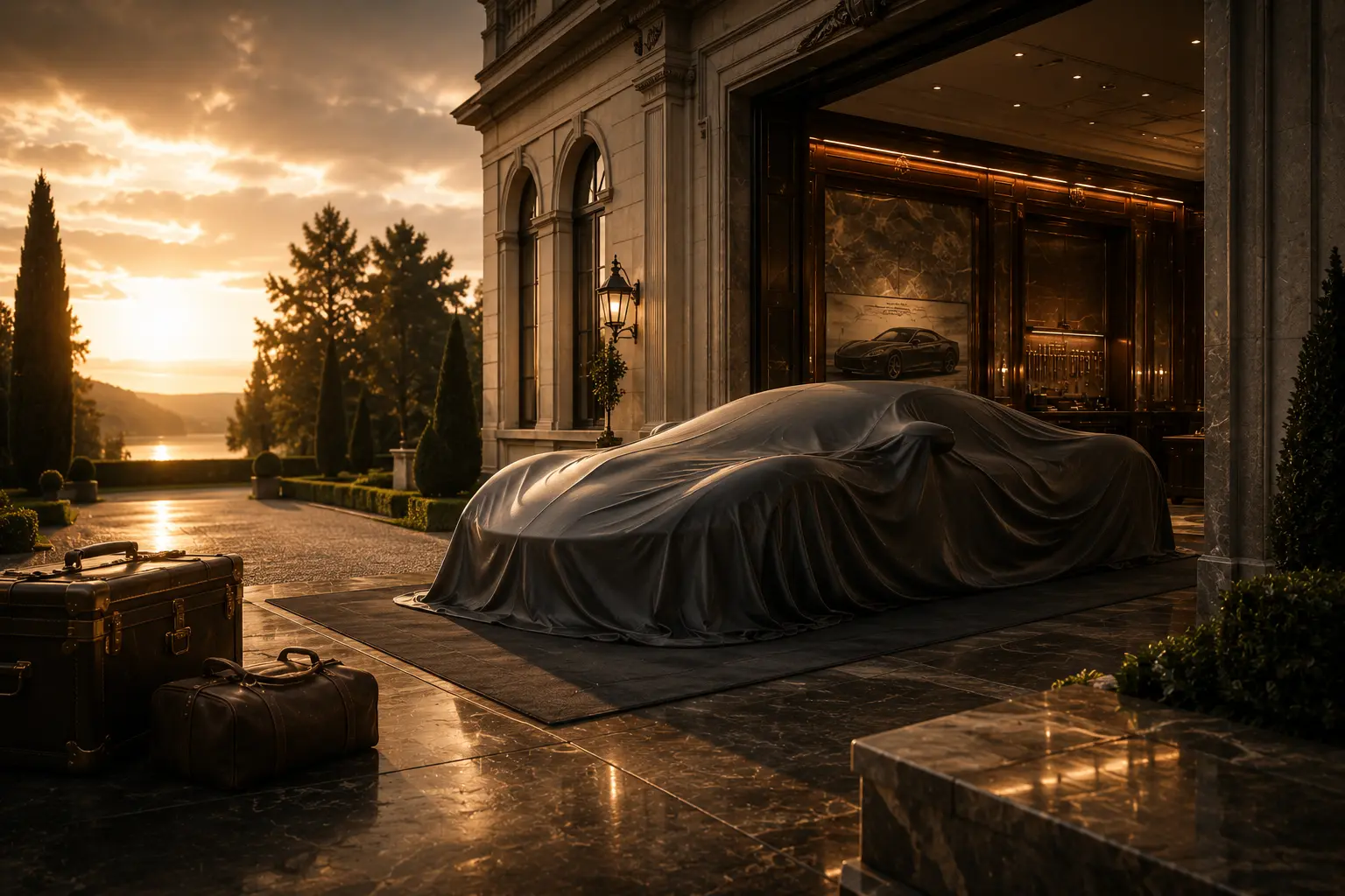 A distinguished automobile awaiting discreet client delivery
